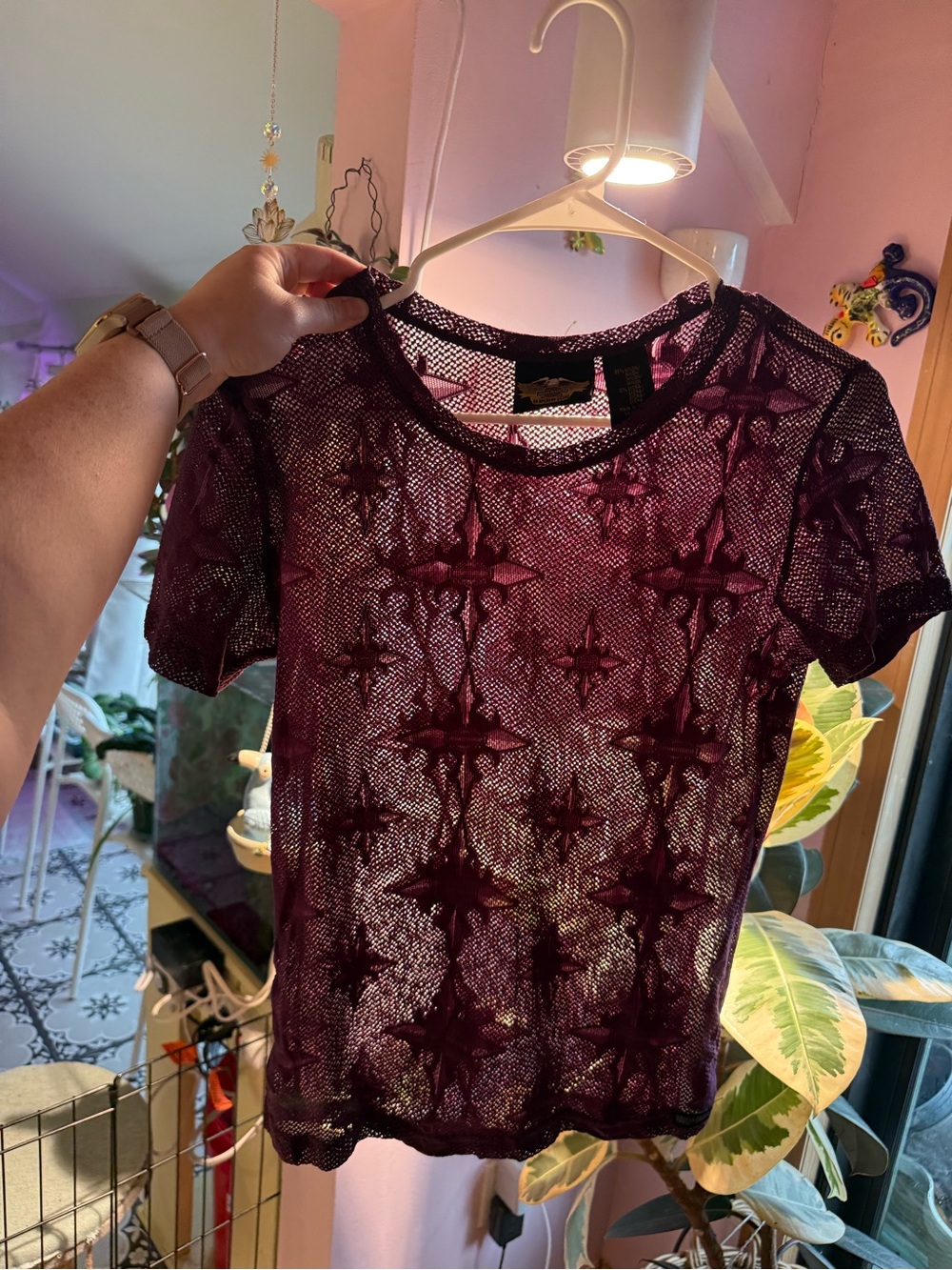 Harley-Davidson Plum Sheer Short Sleeve Star Mesh Top